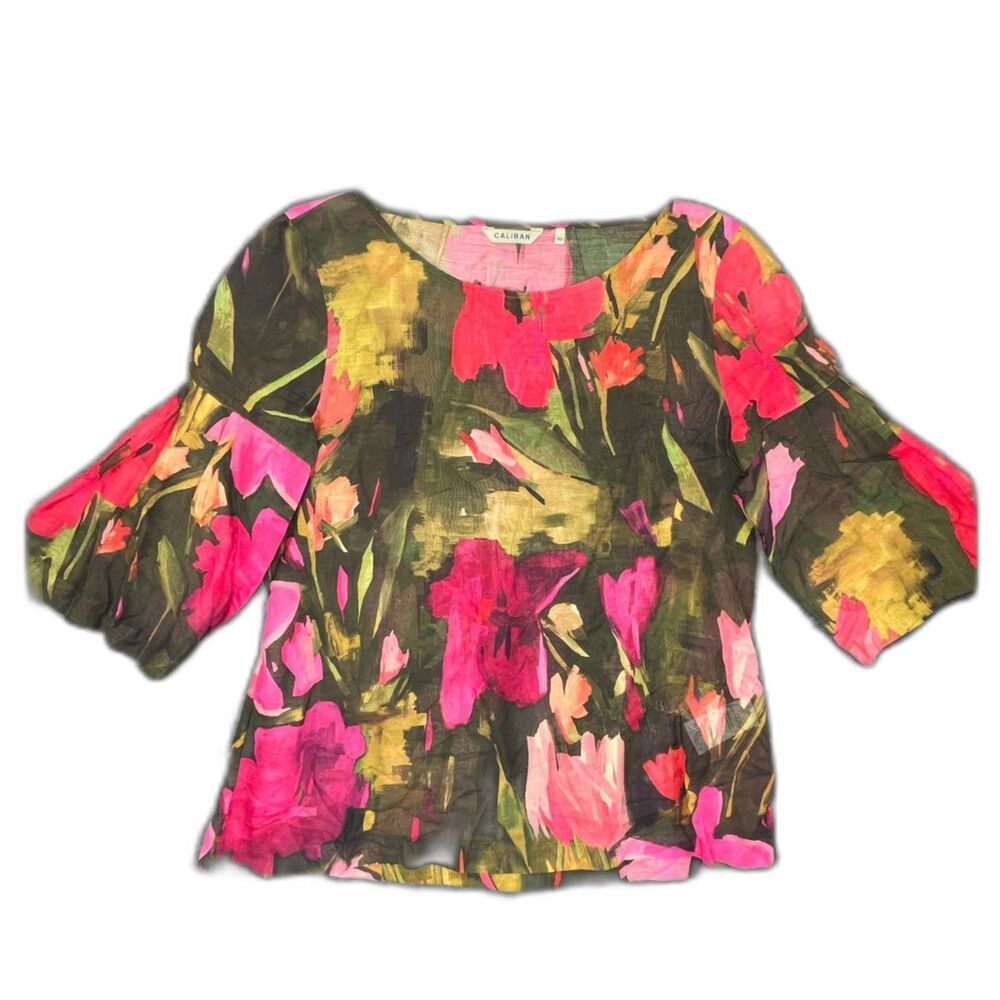 Caliban Silk Floral Earthy Print Pullover Blouse Quiet Luxury Italy S/M Artsy